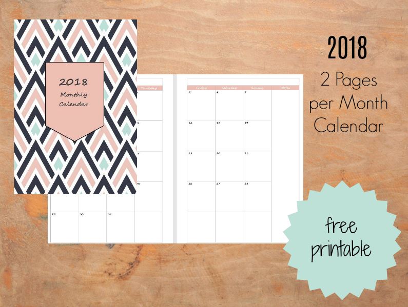 2018 Free Printable  Monthly Calendar - 2Pages per Month - Ioanna's Notebook