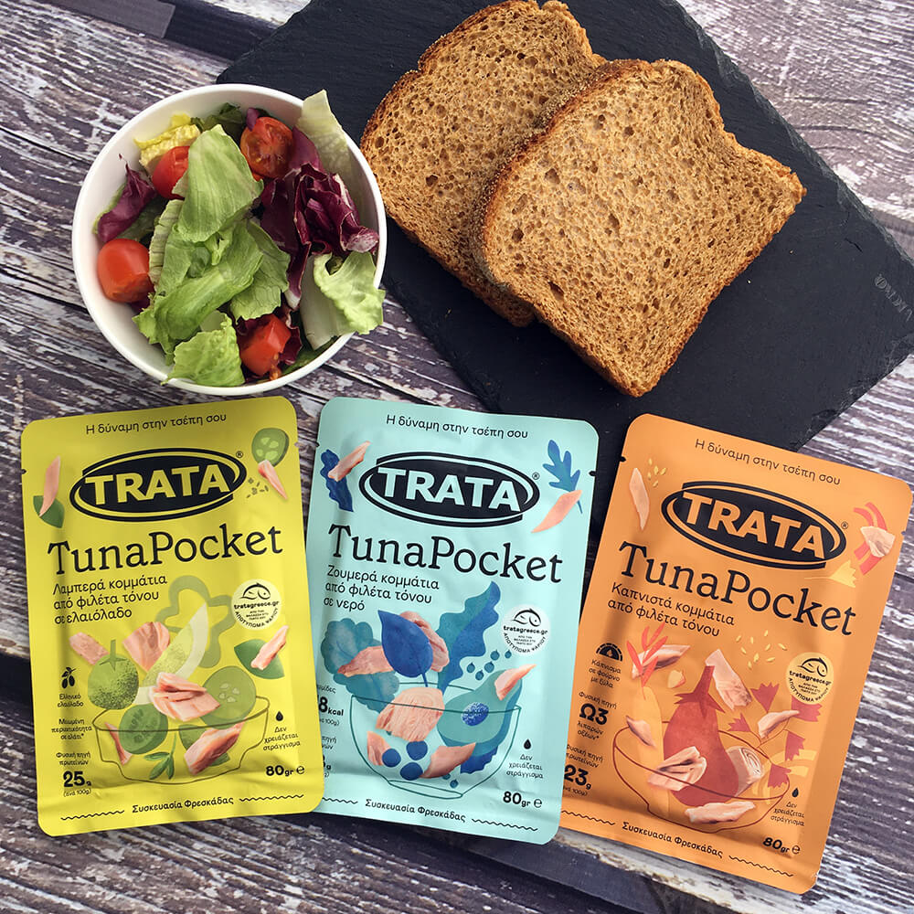Τα TUNA POCKET TRATA έρχονται σε νέα πρακτική συσκευασία pouch των 80gr, σε 3 αγαπημένες γεύσεις τόνος καπνιστός, σε ελαιόλαδο και σε νερό.