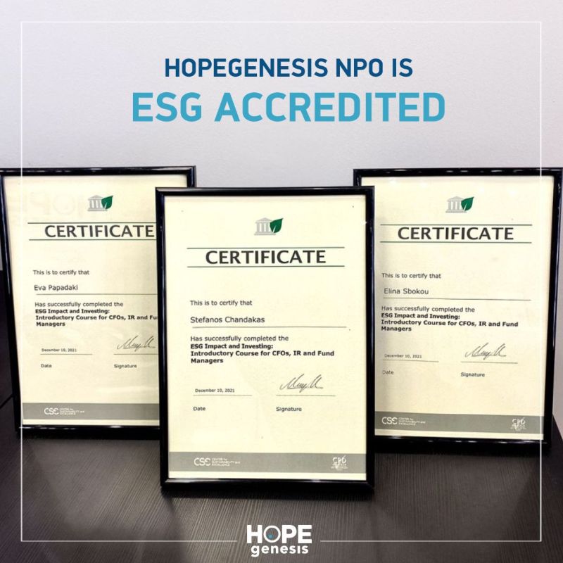 Η HOPEgenesis πρωτοπορεί ως η πρώτη Μη Κερδοσκοπική Εταιρία με πιστοποίηση ESG στην Ελλάδα!